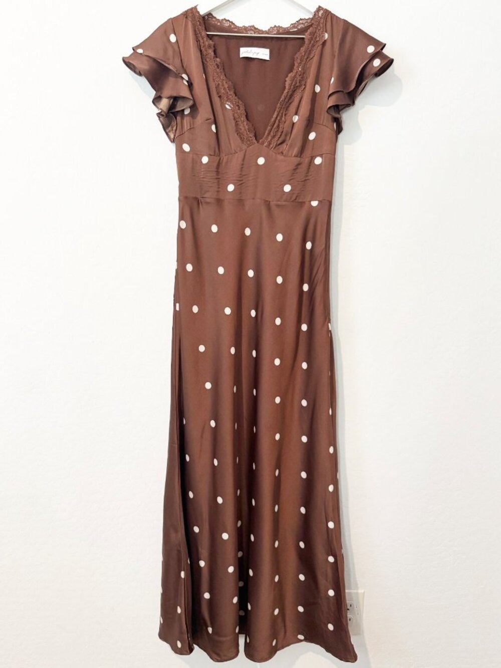 Petal and Pup Arella Maxi Dress Size 6 Brown Polka Dot Lace Trim Satin Romantic - Picture 3 of 14